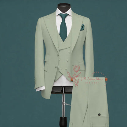Light Green Men’s Suit Slim Fit Peak Lapel Jacket Double Breasted Vest Pants Wedding Formal 3 Piece Party Set For Groomsmen