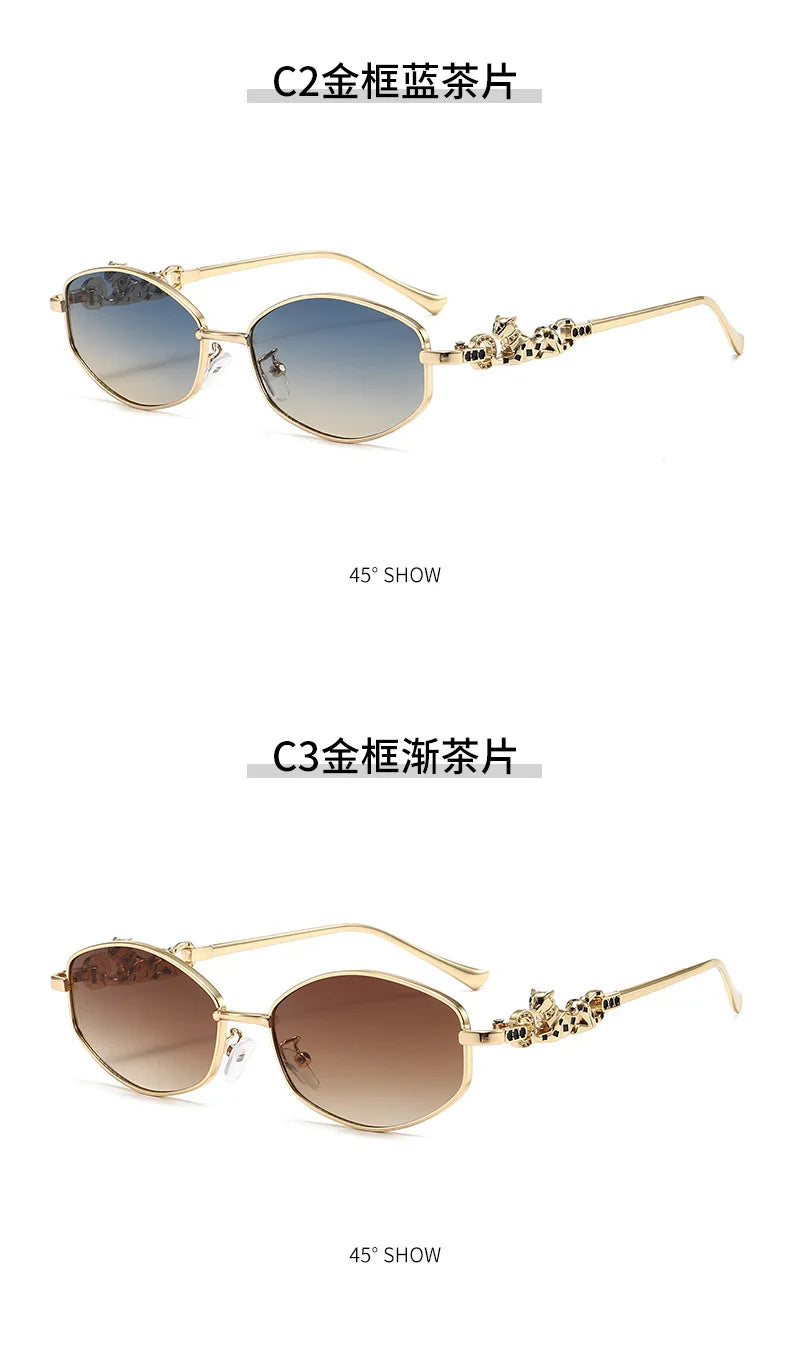 Punk Women's Retro Metal Frame Sunglasses Leopard Head Decor UV400 Shades Fashion Gradient Sun Glasses for Street & Vacation