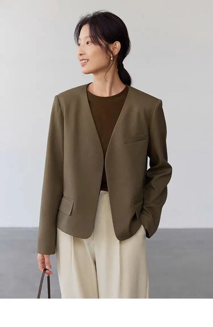 Womens Gray Collarless Blazer Cropped Open Front Suit Jacket Casual Office Outerwear