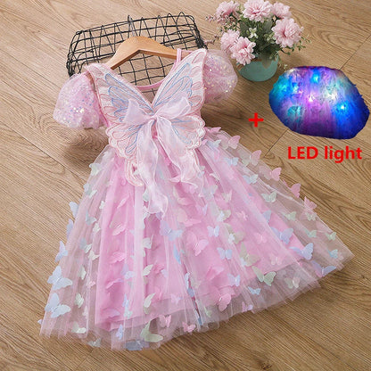 Baby Girls Butterfly Wings Fairy Gauze Princess Puff Sleeve Dress Lovely Kids Summer Tulle Dress Child Birthday Party Gown Dress