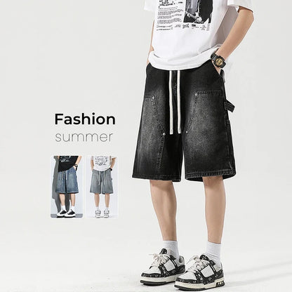 Men's Baggy Cargo Shorts Summer New Fashion Drawstring Straight Casual Jeans Streetwear Pocket Splicing Male Short Pants