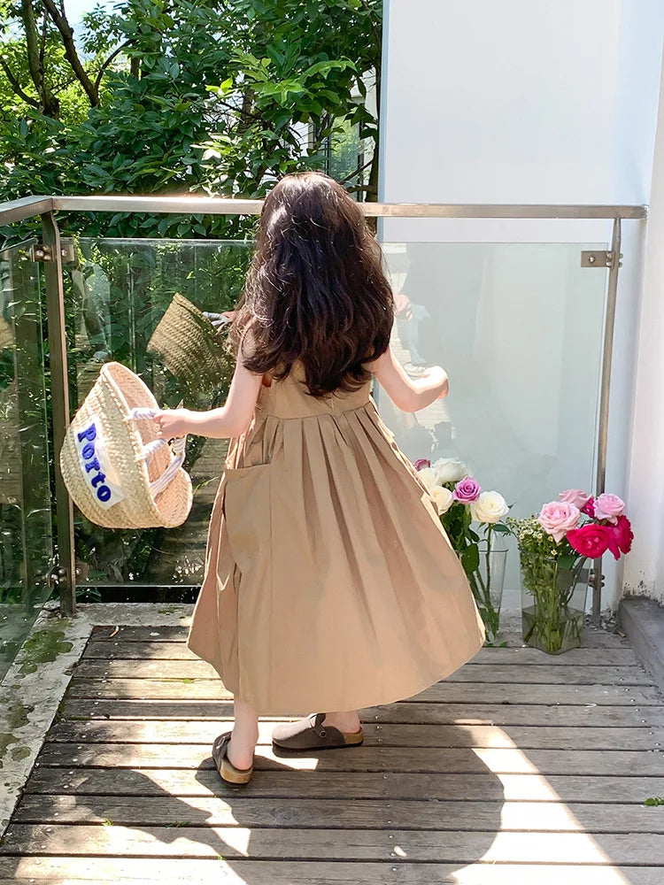 2026 New Summer Children Girls Sleeveless Dress Teen Solid Color Cotton Loose Casual Sundress Kids Vacation Style Princess Dress