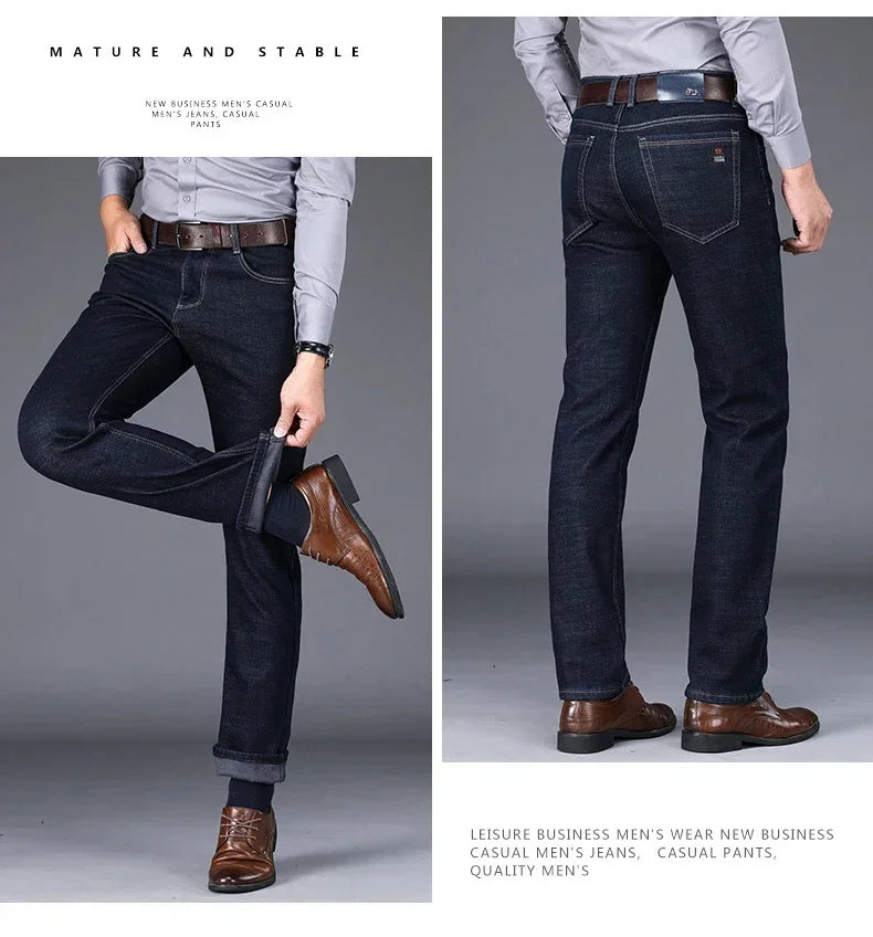 New Men's Fleece Warm Jeans Winter Thicken Plush Velvet Business Office Denim Trousers Brand Clothing Stretch Casual Male Pants