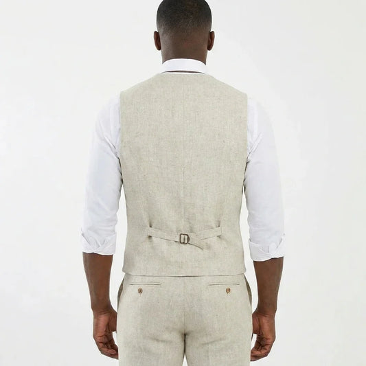 Beige Linen Men Vest for Wedding Party 1 Piece Summer Beach Male Waistcoat V Neck Fashion Coat New Arrival