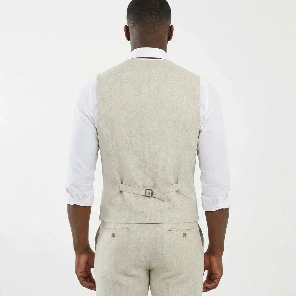 Beige Linen Men Vest for Wedding Party 1 Piece Summer Beach Male Waistcoat V Neck Fashion Coat New Arrival