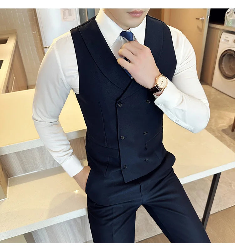 ( Vest + Pants) Men's Double-breasted Suit Vest 2 Pieces Set High Quality Business Casual Fashion Groom Wedding Dress Vest Sets