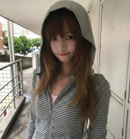 Y2k Japanese Hoodies Women Long Sleeve Striped Sweatshirt Streetwear American Striped Hoodies With Zipper E-girls