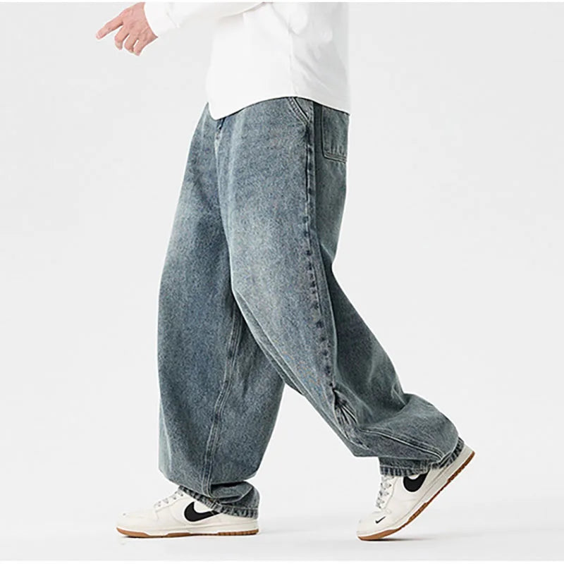 Men'S Plus Size Jeans Japanese Retro Hong Kong Style Jeans Loose Casual Wide Leg Pants Casual Pants Hip-Hop Pants