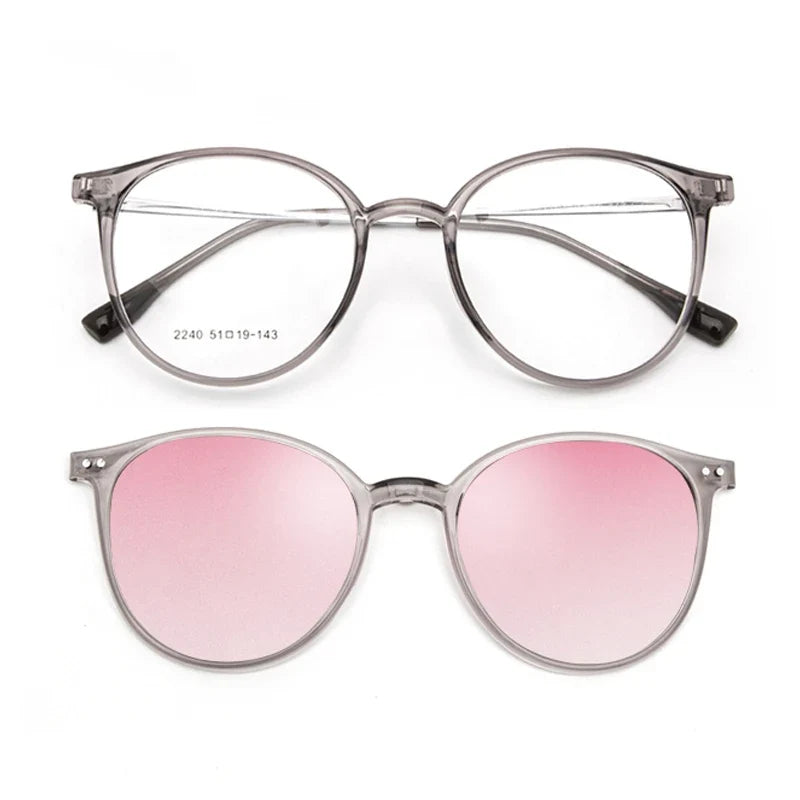 Magnetic Clip On Glasses Women Driving Polarised Round Pink Optical Myopia Eyewear Men Custom Prescription Glasses 2240