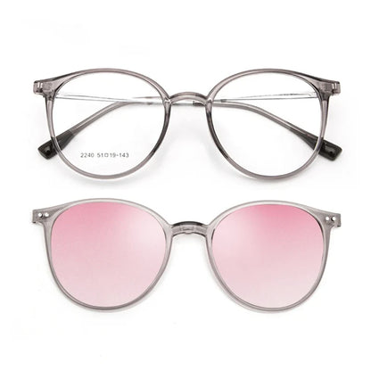 Magnetic Clip On Glasses Women Driving Polarised Round Pink Optical Myopia Eyewear Men Custom Prescription Glasses 2240