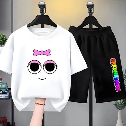 Summer Boys Girls Age 3-12 Tee+Shorts Suit Children Short Sleeve T-Shirts Child Casual Pink Black Clothes Sprunki Graphics