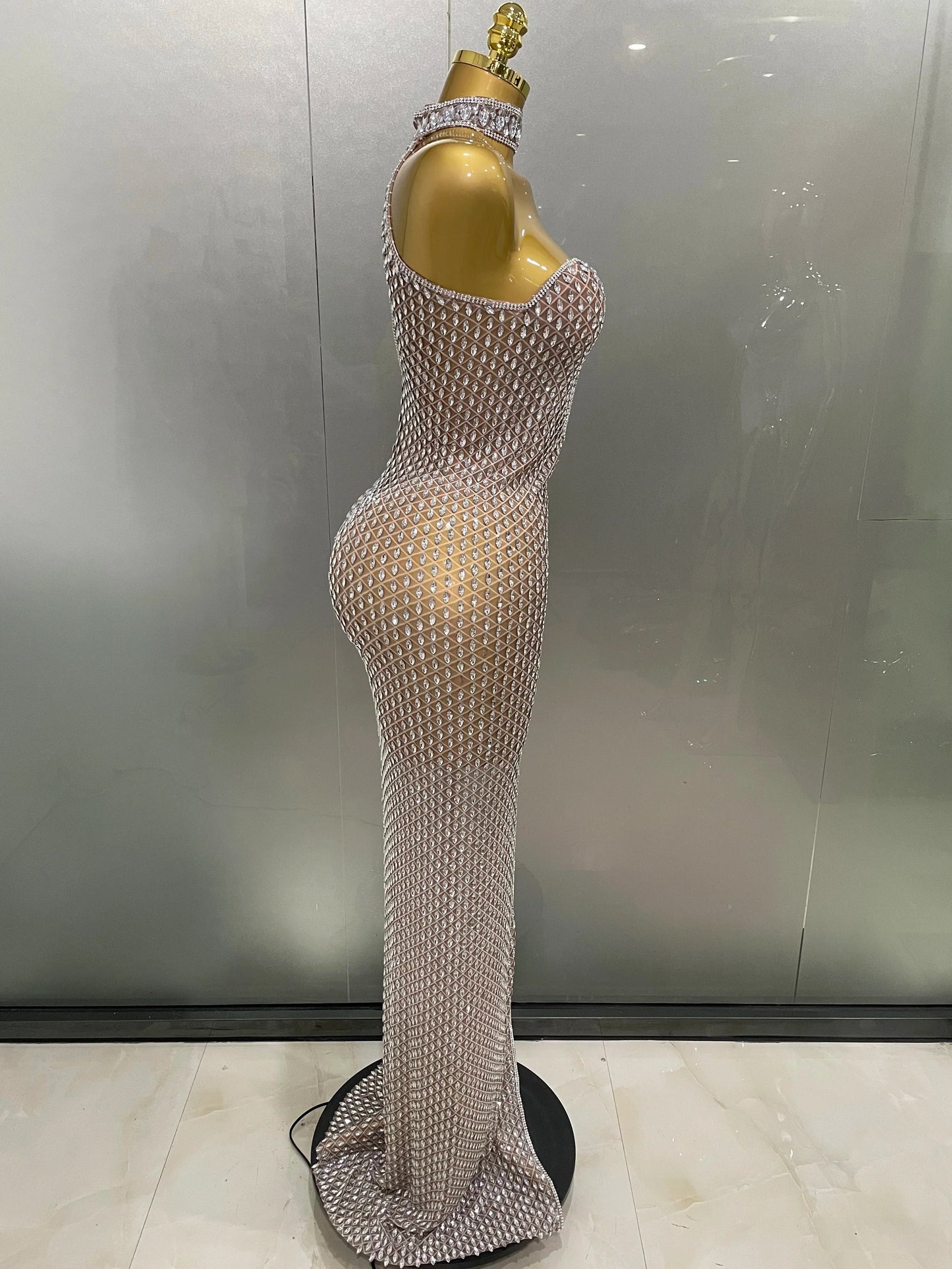 2025 Luxurious Full Rhinestones Mesh Transparent Long Dress Women Birthday Celebrate Evening Prom Dress Party Club Stage Costume