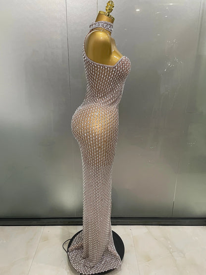 2025 Luxurious Full Rhinestones Mesh Transparent Long Dress Women Birthday Celebrate Evening Prom Dress Party Club Stage Costume