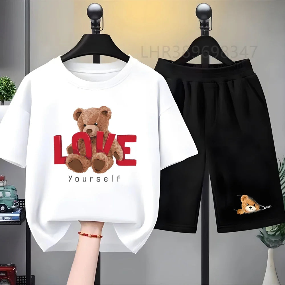 Kids T-shirt+Shorts Two-Piece Set White Clothing Boy Girl 3-12 Yrs Sports Short-Sleeved Summer Casual  Little Bear Printing Set