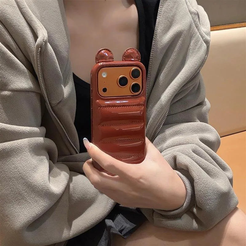 Coordinated Winter Bear-Ear Down Jacket For iPhone 17 16 15 14 Pro Max Phone Case Shockproof Fashion Cover Skin Leather Funda