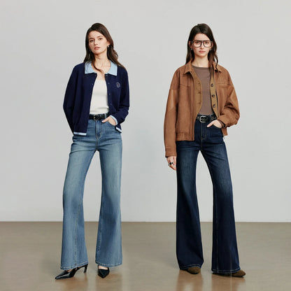 Women Denim jeans 2025 Autumn New Lycra Stretch Mid Waist Cotton Flares Pants