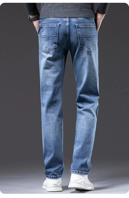 2026 Regular Fit Jeans Classic Style  Spring Summer New Men's Light Blue Stretch Denim Fabric Pants Male Brand