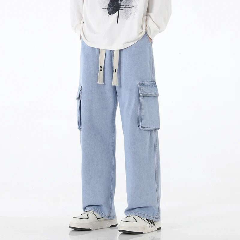 2024 New Men Baggy Cargo Jeans Fashion Streetwear Vintage Wide Leg Pants American Streetwear Y2K Big Pocket Youth Overalls