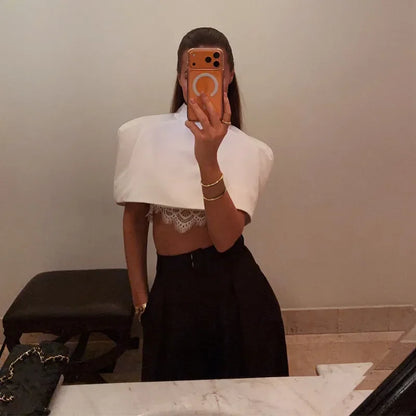 Elegant Women Shawl Cropped Top Shoulder Pads Stand Collar Short Sleeve Black Female T-shirt 2026 Spring Summer Lady Partywear