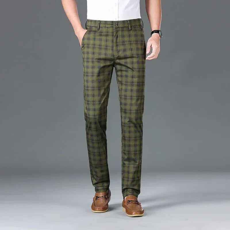 2024 Summer Classic Simple Straight Casual Pants for Men Personalized Checkered Versatile Stretch Business Casual Slim Trousers