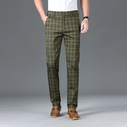 2024 Summer Classic Simple Straight Casual Pants for Men Personalized Checkered Versatile Stretch Business Casual Slim Trousers