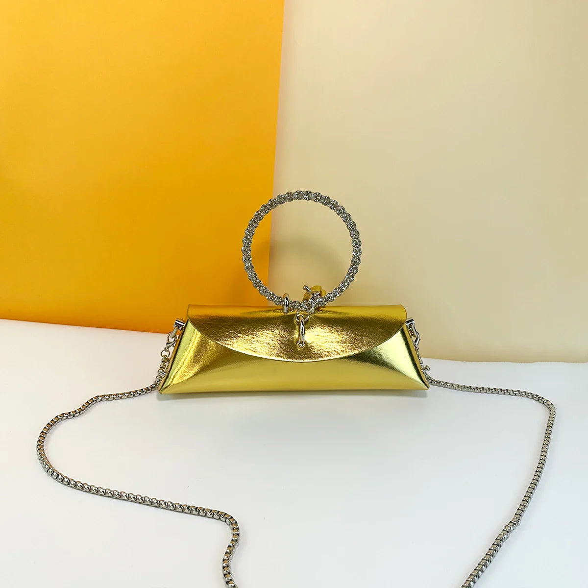 Clutch Bag Luxury Designer Handbag for Women 2025 with Chain Metal Ring Handle PU Leather Rhinestones Purses Shoulder Bag