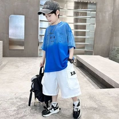 2026 New Boys Cotton T-Shirt Trendy Gradient Design for Big Kids Stylish Cool Summer Casual Wear
