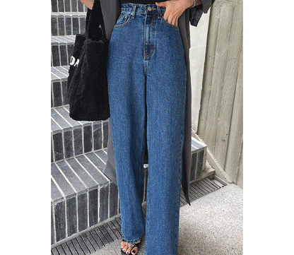 Retro High Waist Straight Leg Blue Jeans Women's Autumn Spring Season Versatile Loose Fit Long Pants Ladies Premium Denim