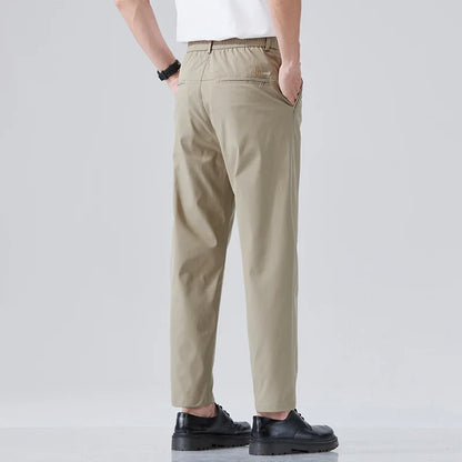 2026 Spring Summer Thin Ice Silk Suit Pants Men's Business Straight Slim High Elastic Ankle Length Casual Pants Male