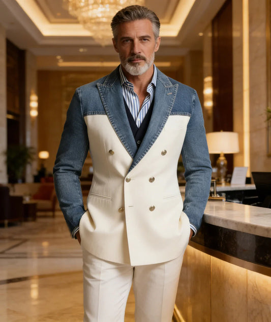 Men's Blazer Denim Sleeve Patchwork Double Breasted Suits Coats Casual Business Fashion Jacket for Spring Autumn Wedding Party