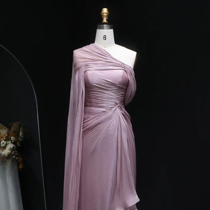2026 Women's Elegant Evening Dresses with Draped Cape Formal Birthday Gown Pink One Shoulder Arabic SF199 Customized