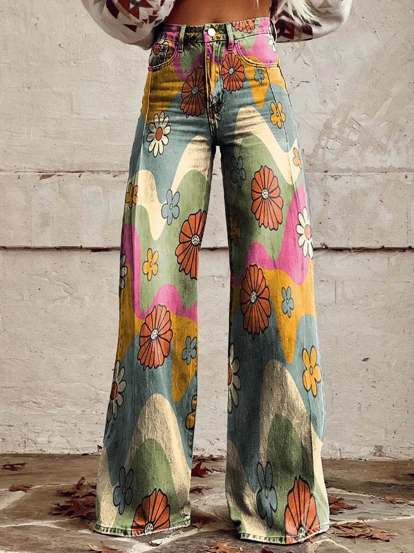 Women's Fashion Casual Trendy Faux Denim Pants Stylish Loose Fit High Waist Trousers