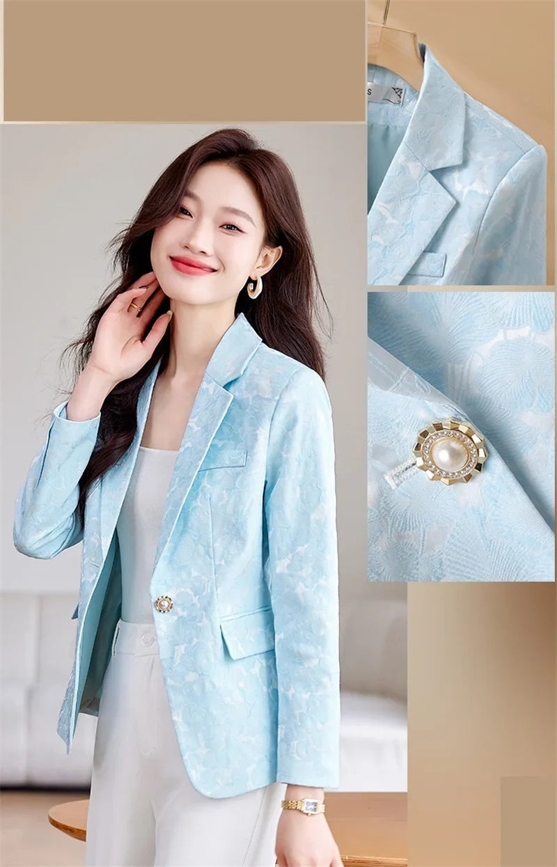 Women Blazer Office Lady 2024 Elegant Slim Notched Women Blazers Jackets Button Long Sleeve Decorative Pattern Female Suit Coat