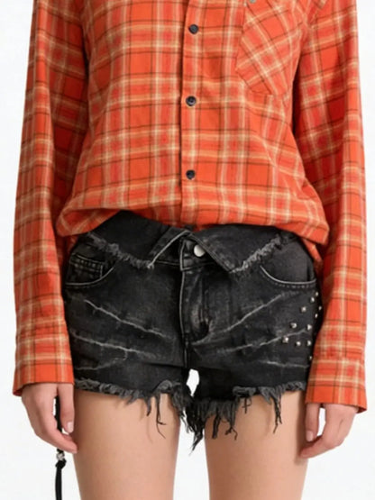 Women's Black Gothic Rivet Cargo Denim Shorts Y2K Harajuku High Street Aesthetic Sexy 2000S Style Vintage Denim Shorts Clothing