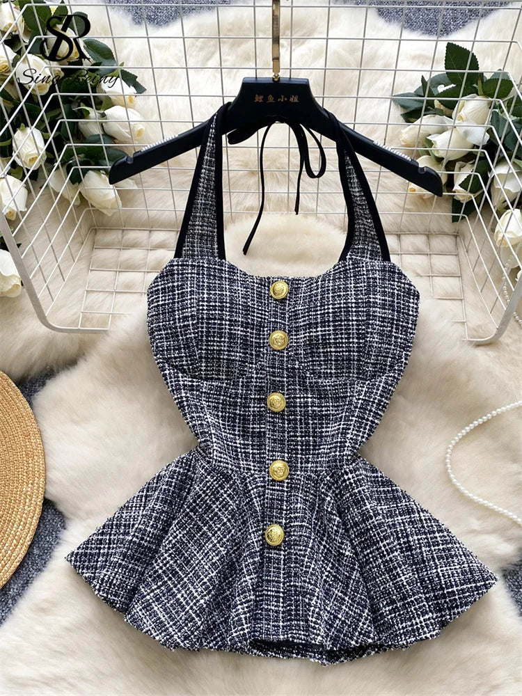 American Summer Women Camisole Halter Buttons Y2K Solid Slim Fit Tops Fashion Chic Tweed Design Hotsweet Tank Top
