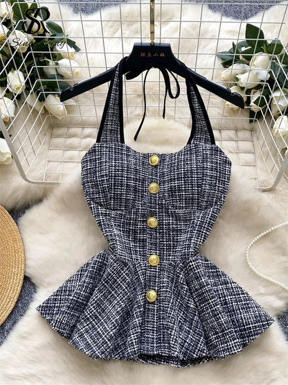 American Summer Women Camisole Halter Buttons Y2K Solid Slim Fit Tops Fashion Chic Tweed Design Hotsweet Tank Top