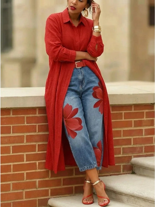 Women's High Waist Cropped Jeans Large Red Floral Print Relaxed Fit Denim Capri Pants 2026 Summer Streetwear Pants