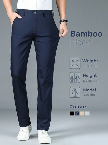 Bamboo Fiber Business Straight Pants Men's Summer Thin Classic Design Office Dress Breathable Casual Formal Trouser Man Clothes