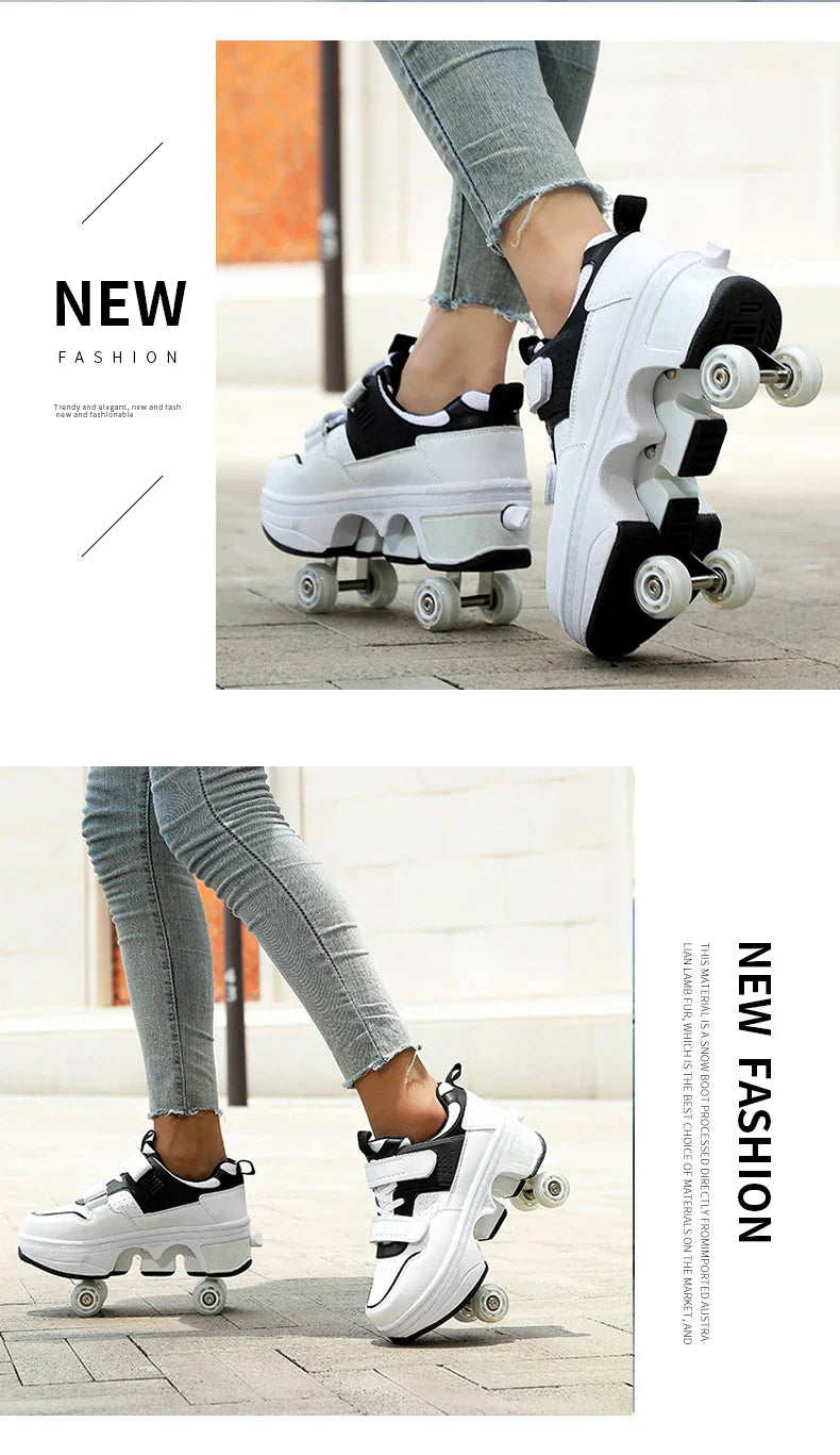 Children Wheels Shoes Roller Sneakers With 4 Wheels Skates Adult Runaway Parkour Deformation Shoes For Women Men Youth Kids Gift
