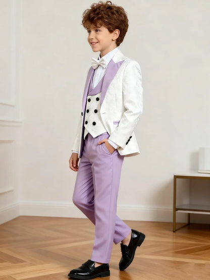Hot Selling Luxury Lilac White Jacquard Boys Suit Set 4 Piece 3-14 Years Slim Fit Jacket Vest Pants Bow Tie Kids Wedding Formal