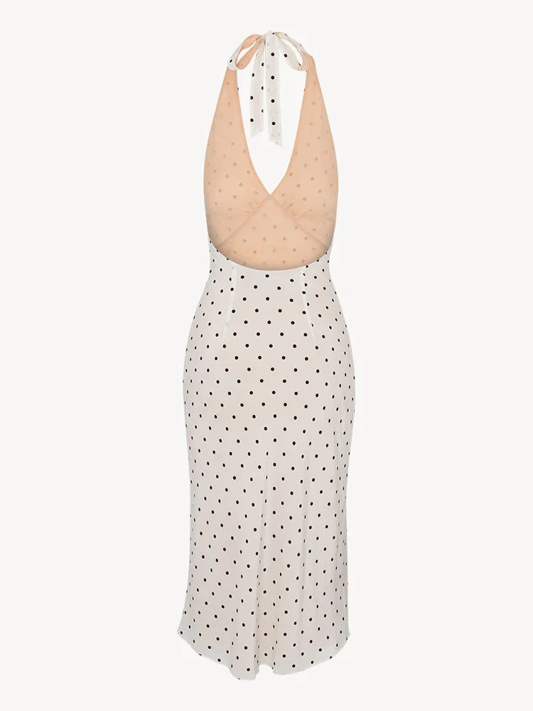 2024 Summer New Women's French European and American Wave Point Sleeveless Hanging Neck Printed Temperament Strap Dress