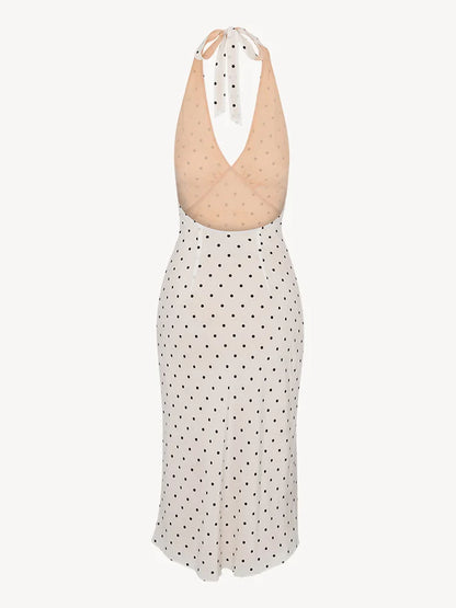 2024 Summer New Women's French European and American Wave Point Sleeveless Hanging Neck Printed Temperament Strap Dress