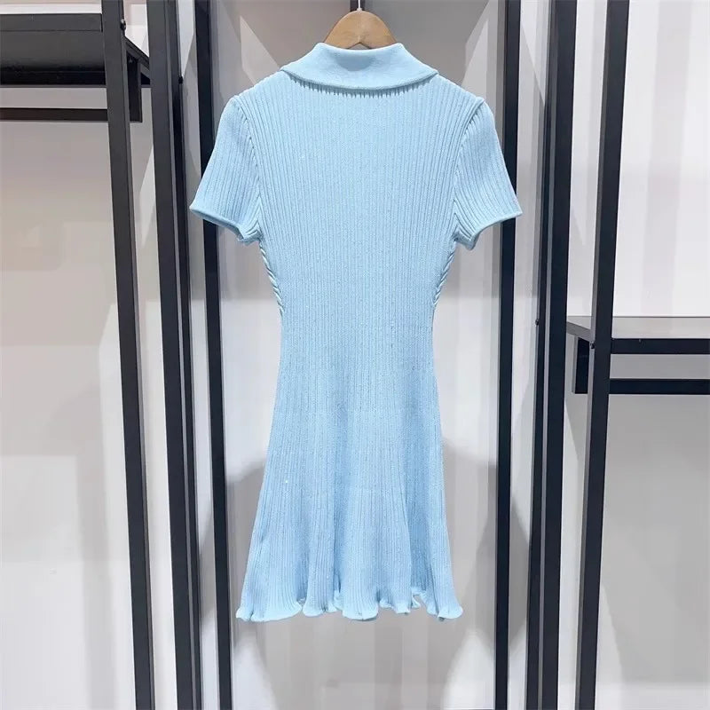 2025 Spring/Summer New Polo Neck Short Sleeve Knitted Dress Y2K Fashion Commuter Elastic Slim Fit Multi Pocket Wrapped Hip Skirt