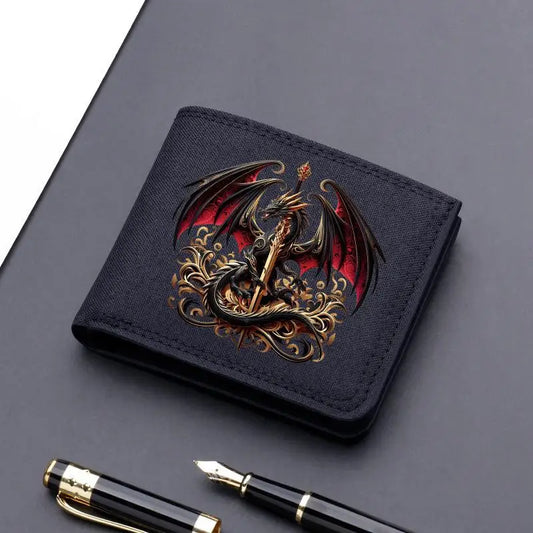 Portefeuille en toile motif cheval-dragon pour enfants (garçon/fille), porte-cartes noir, sac à main court pour homme, porte-billets, étui à cartes de crédit.