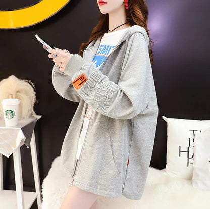 with Zipper Hooded Sweatshirt for Women Full Zip Up Embroidered Woman Tops Spring and Autumn Green Hoodies Long Dropshiping Coat