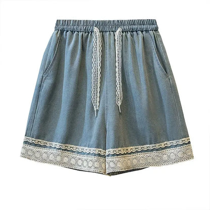 Women's High Waist Denim Shorts Summer Casual Loose Wide Leg with Lace Edging Five Points Trousers