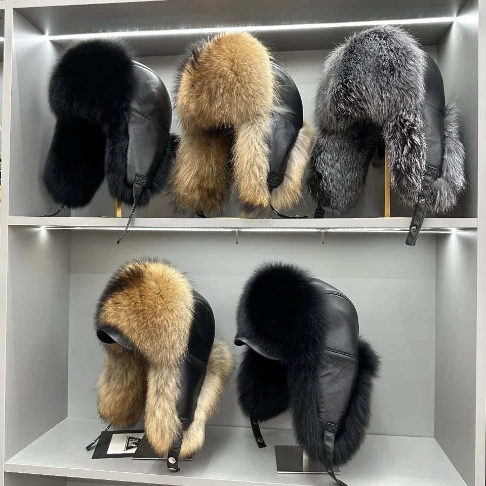 100% genuine fox fur ear-protecting hat Men real raccoon fur bomber hat Women winter warm fur real sheep leather snow hat