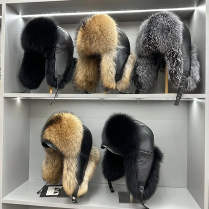 100% genuine fox fur ear-protecting hat Men real raccoon fur bomber hat Women winter warm fur real sheep leather snow hat