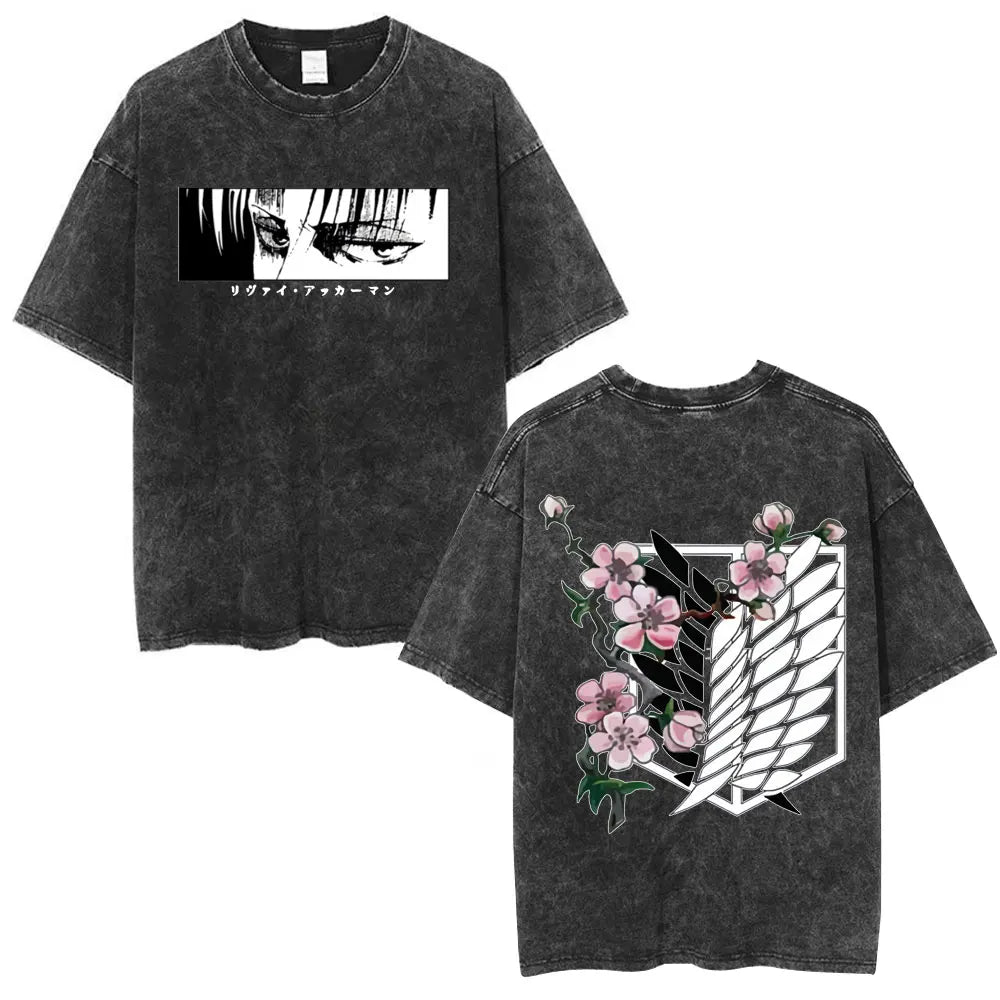 Anime Attack on Titan Washed T-Shirt Ackerman Mikasa Eren Jaeger Cherry Blossom Graphics Logo T Shirt Men Women Cotton T Shirts