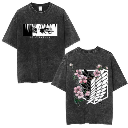Anime Attack on Titan Washed T-Shirt Ackerman Mikasa Eren Jaeger Cherry Blossom Graphics Logo T Shirt Men Women Cotton T Shirts